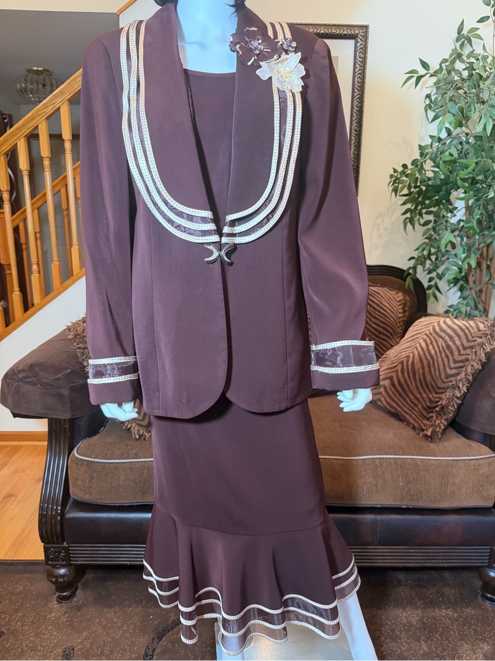 Chocolate Brown Three-Piece Skirt Suit with Trim Accents